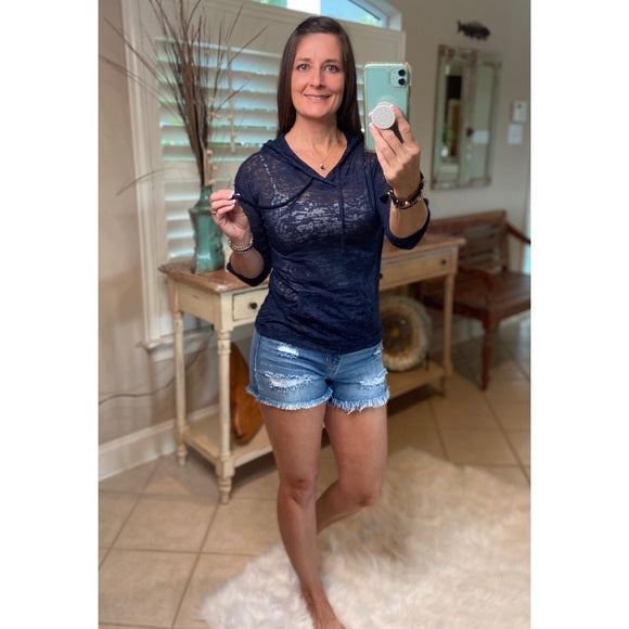 Sheer Burnout Drawstring Hoodie Tissue High Neck Top Shirt Navy