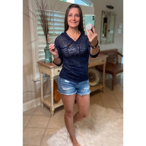 Sheer Burnout Drawstring Hoodie Tissue High Neck Top Shirt Navy