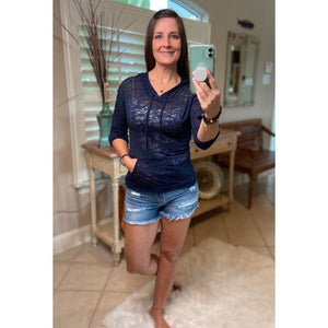 Sheer Burnout Drawstring Hoodie Tissue High Neck Top Shirt Navy