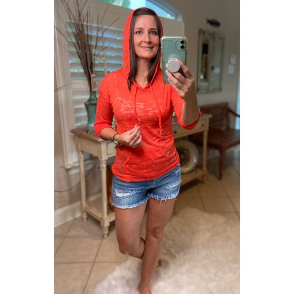 Sexy Sheer Burnout Drawstring Hoodie Tissue High Neck Long Sleeve Top Orange