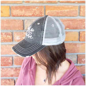 “Boho Babe” Distressed Embroidered Trucker Hat