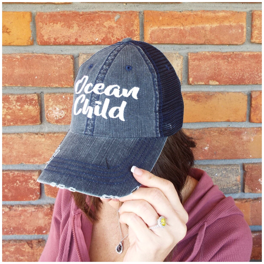 “Ocean Child” Distressed Embroidered Trucker Hat