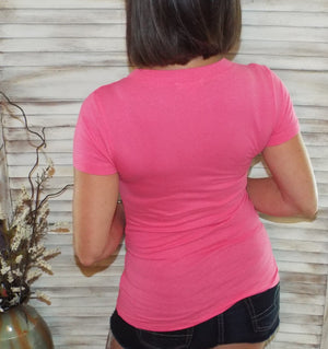 “Basic Babe” Low Cut V Neck Cleavage Baby Slimming Basic Tee Shirt Hot Pink