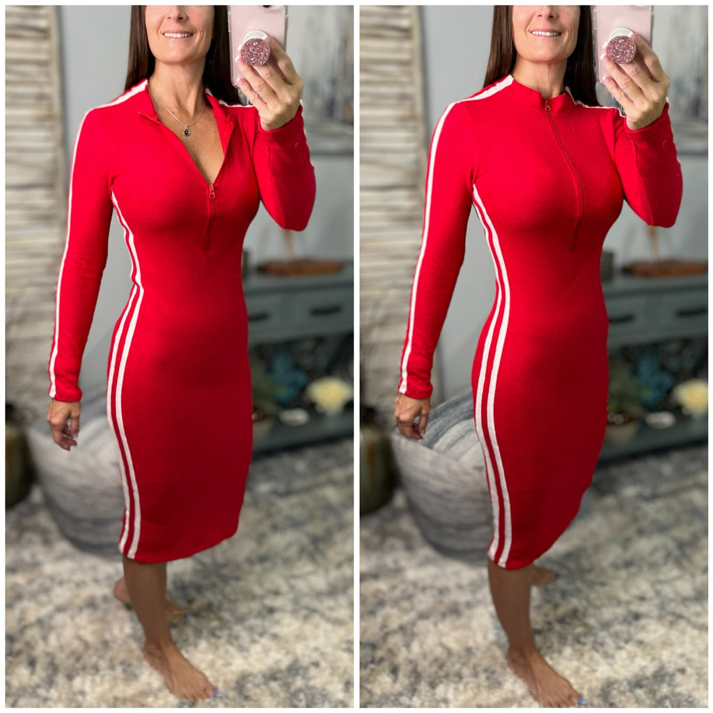"Modern Love" Sporty Athletic Hacci Lightweight Varsity Long Sleeve Sweater Contrast Dress Red
