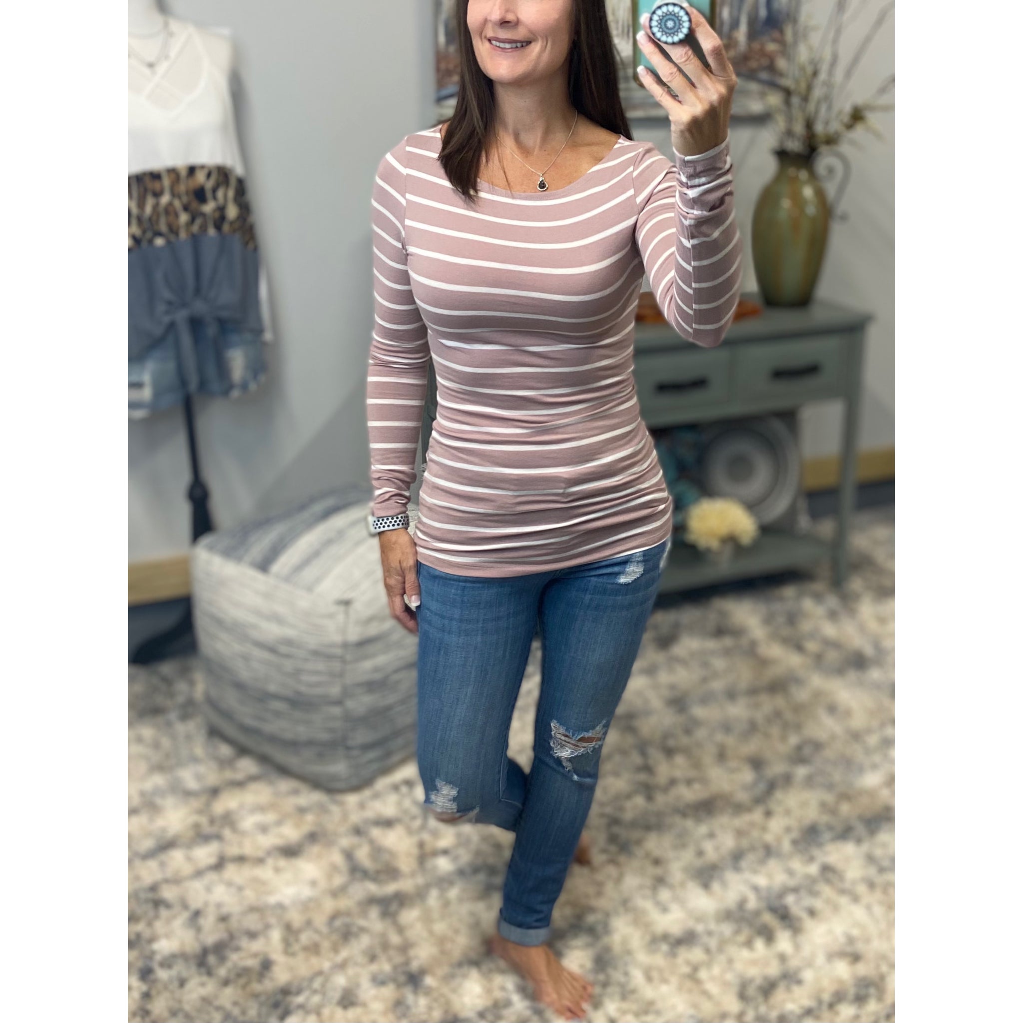 Boat Neck Preppy Striped Rugby Open Shoulder Stretch Shirt Top Mauve Pink