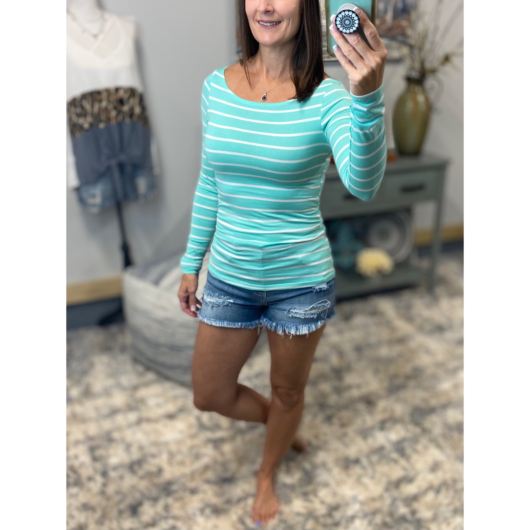 Sexy Boat Neck Preppy Striped Rugby Open Shoulder Stretch Shirt Top Mint S/M/L