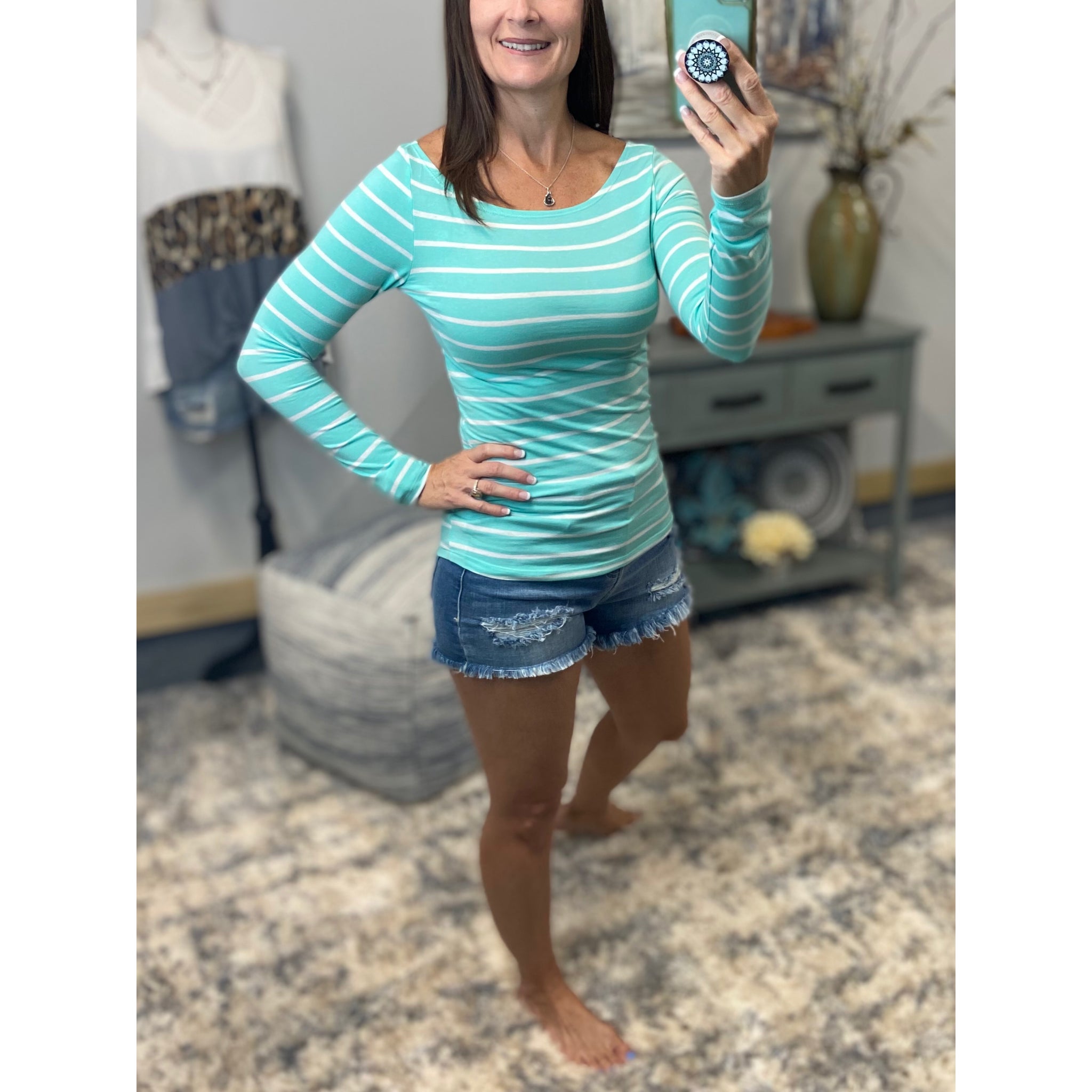 Sexy Boat Neck Preppy Striped Rugby Open Shoulder Stretch Shirt Top Mint S/M/L