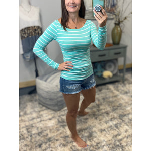 Sexy Boat Neck Preppy Striped Rugby Open Shoulder Stretch Shirt Top Mint S/M/L