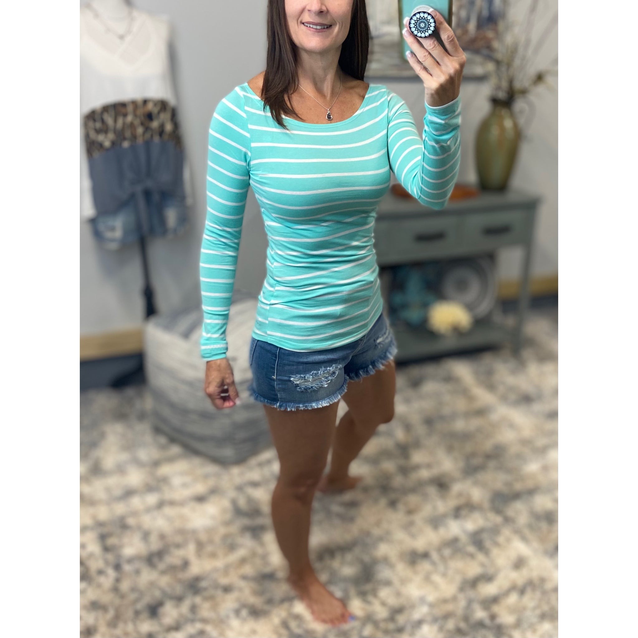 Sexy Boat Neck Preppy Striped Rugby Open Shoulder Stretch Shirt Top Mint S/M/L