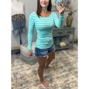 Sexy Boat Neck Preppy Striped Rugby Open Shoulder Stretch Shirt Top Mint S/M/L