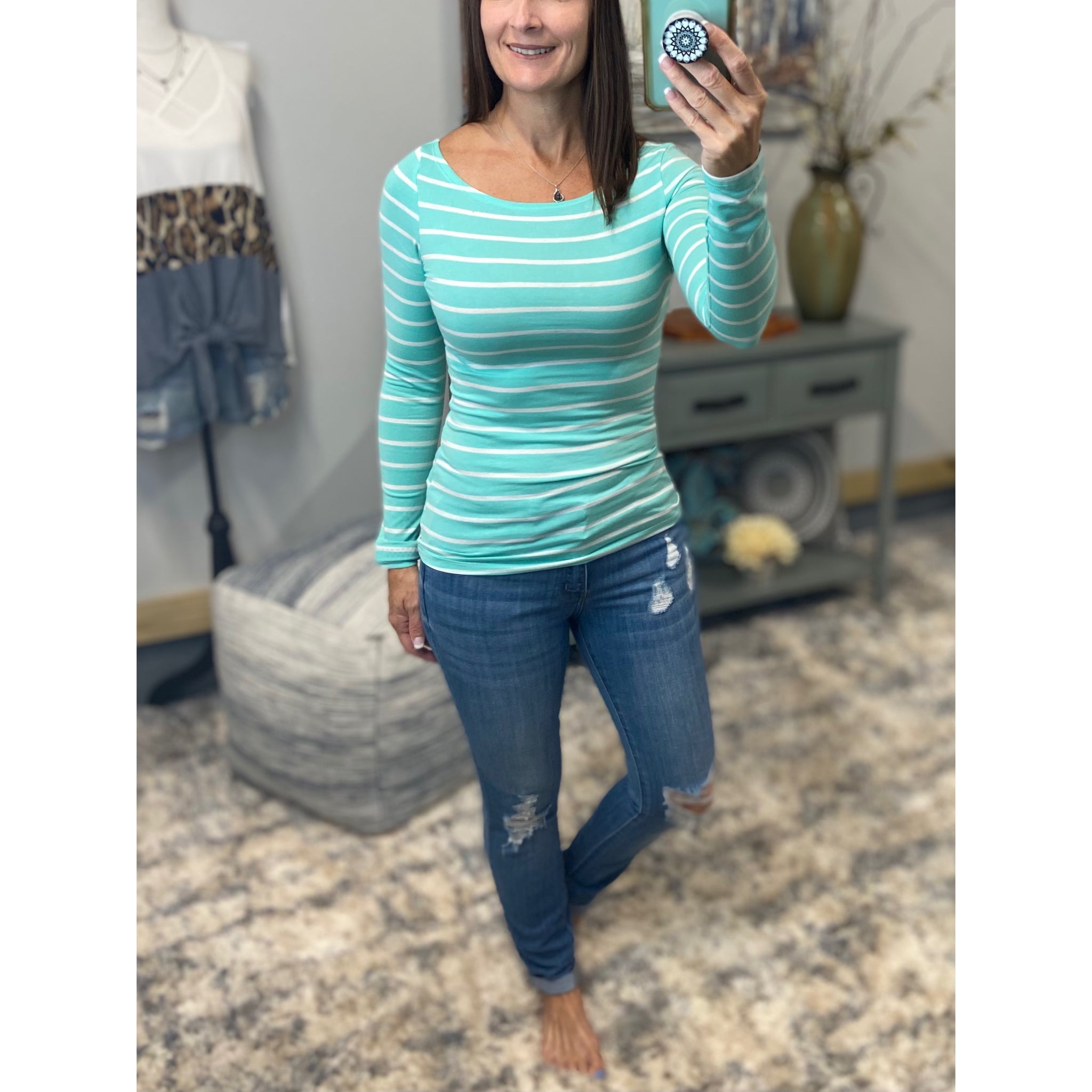 Sexy Boat Neck Preppy Striped Rugby Open Shoulder Stretch Shirt Top Mint S/M/L