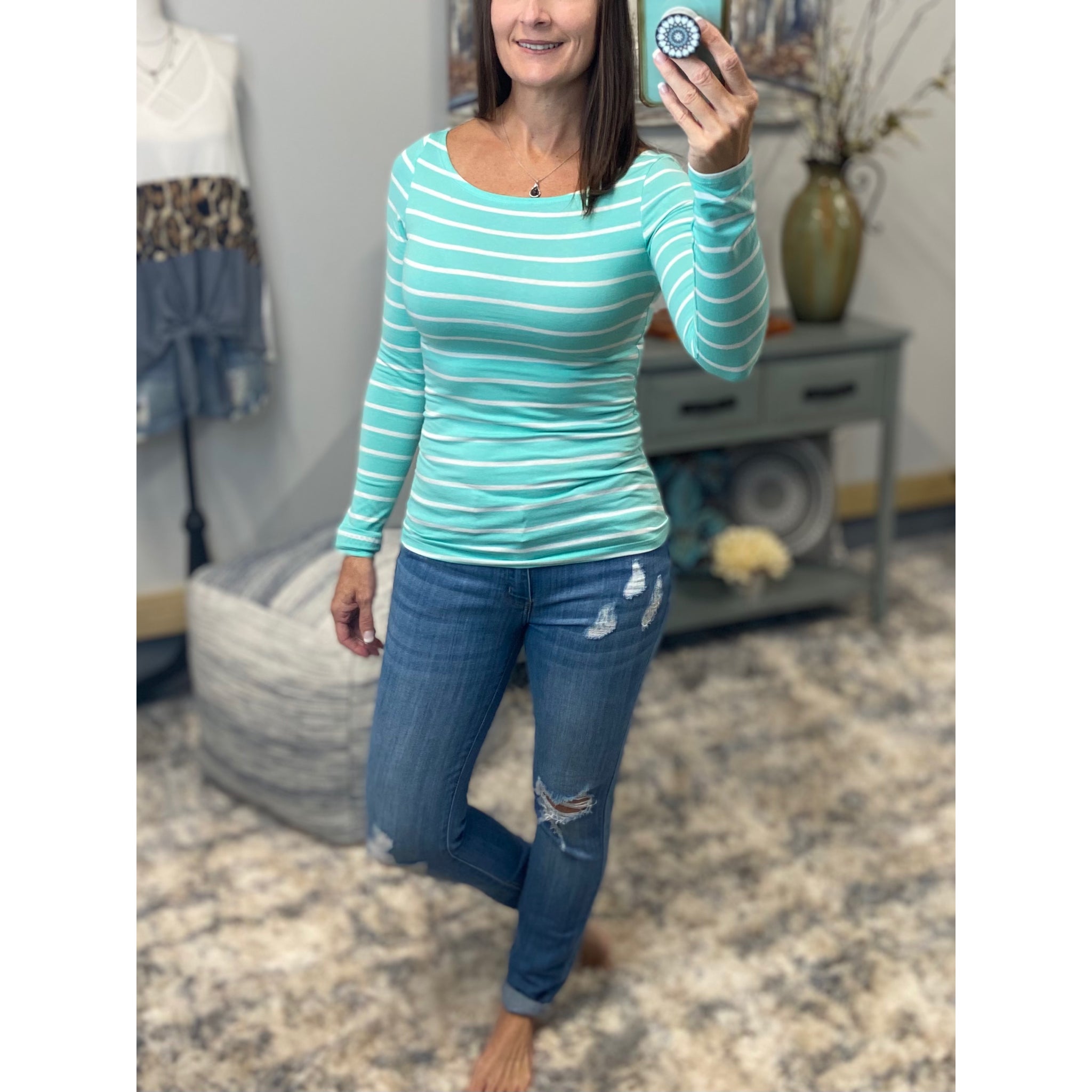 Sexy Boat Neck Preppy Striped Rugby Open Shoulder Stretch Shirt Top Mint S/M/L