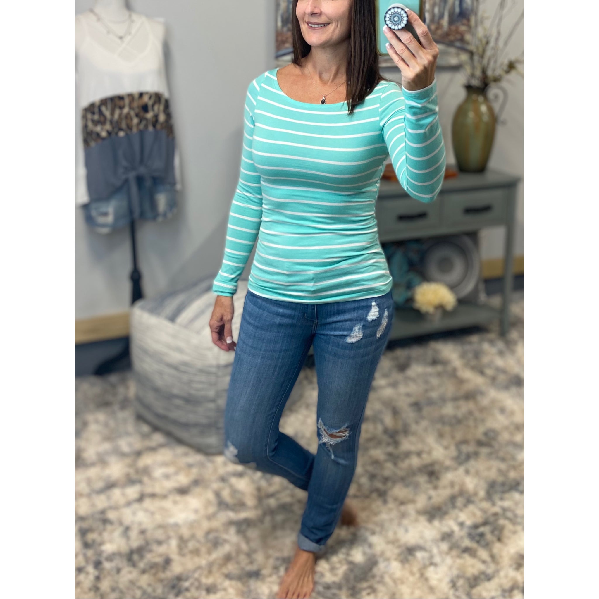 Sexy Boat Neck Preppy Striped Rugby Open Shoulder Stretch Shirt Top Mint S/M/L