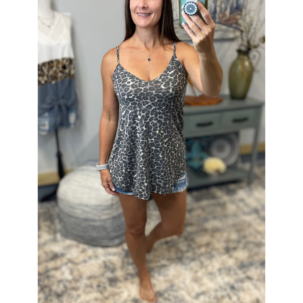 “Heat Wave” Reversible Leopard Low Scoop Or V-Neck Tank Shirt Top Distressed Gray