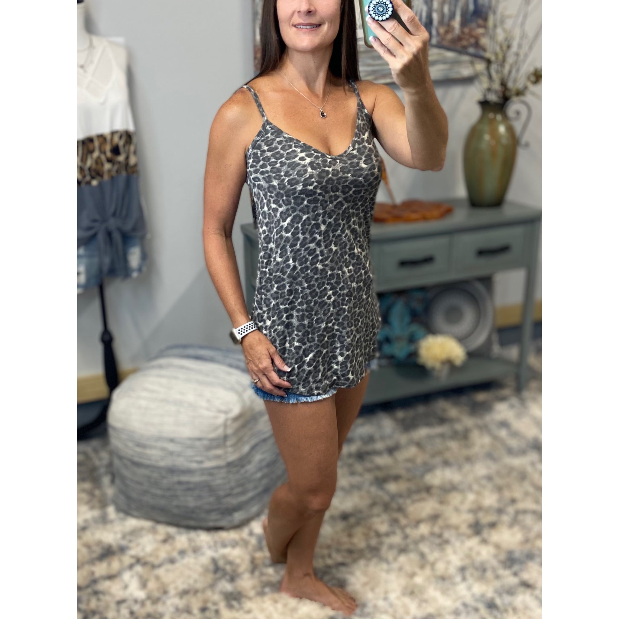 “Heat Wave” Reversible Leopard Low Scoop Or V-Neck Tank Shirt Top Distressed Gray PLUS