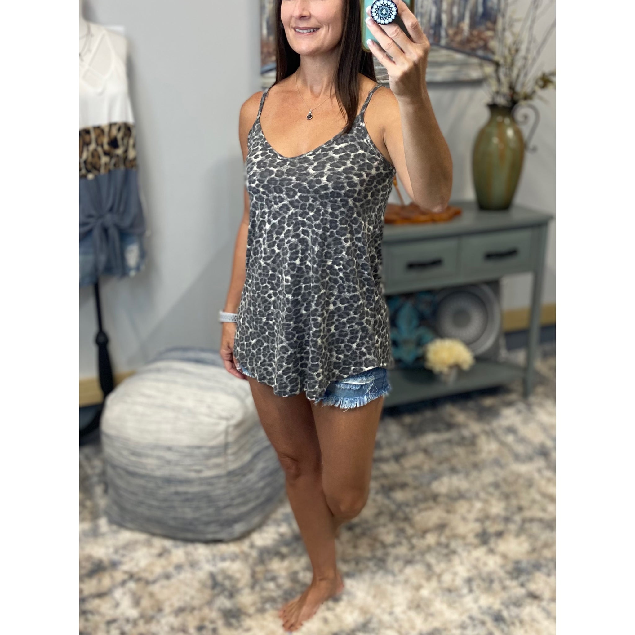 “Heat Wave” Reversible Leopard Low Scoop Or V-Neck Tank Shirt Top Distressed Gray PLUS