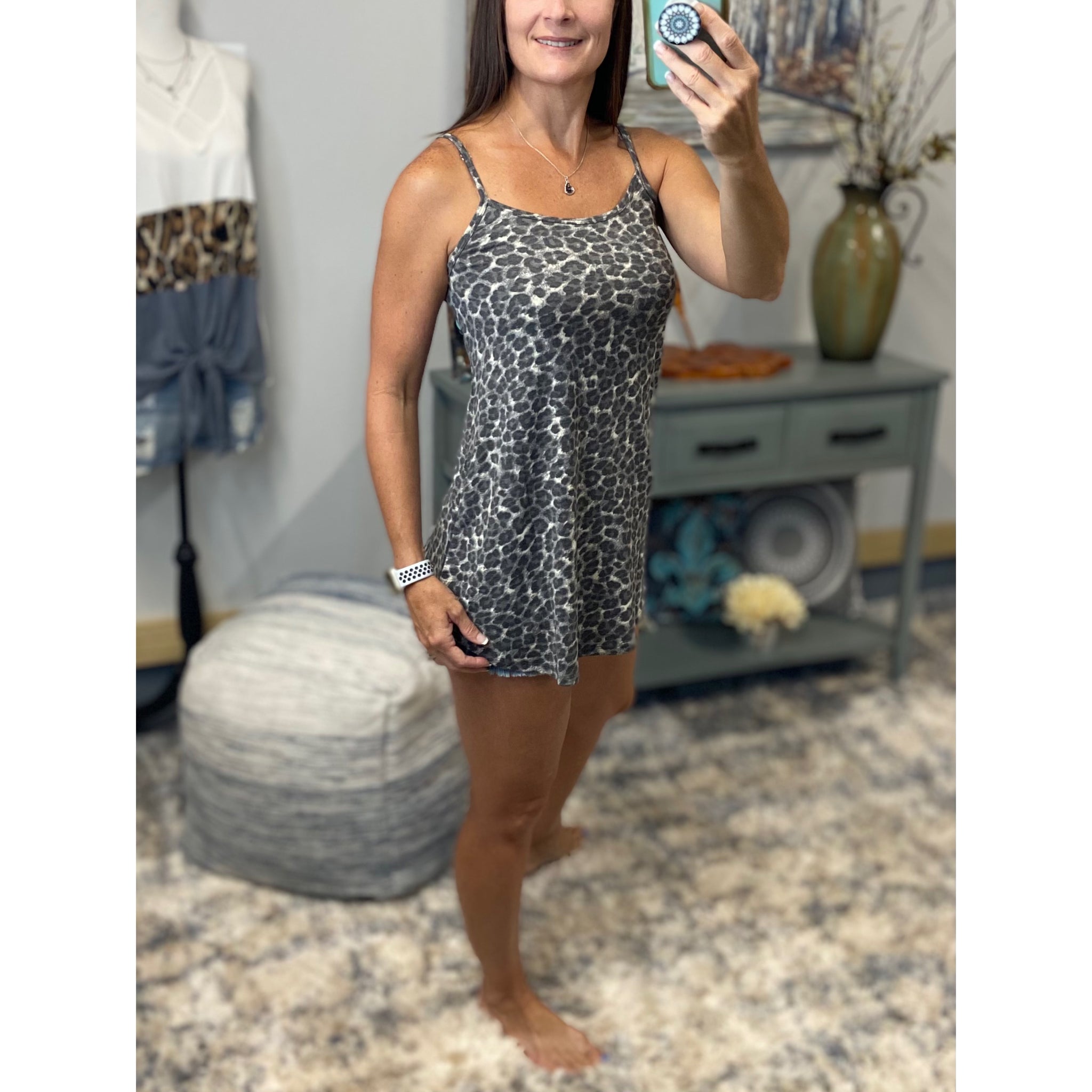 “Heat Wave” Reversible Leopard Low Scoop Or V-Neck Tank Shirt Top Distressed Gray PLUS