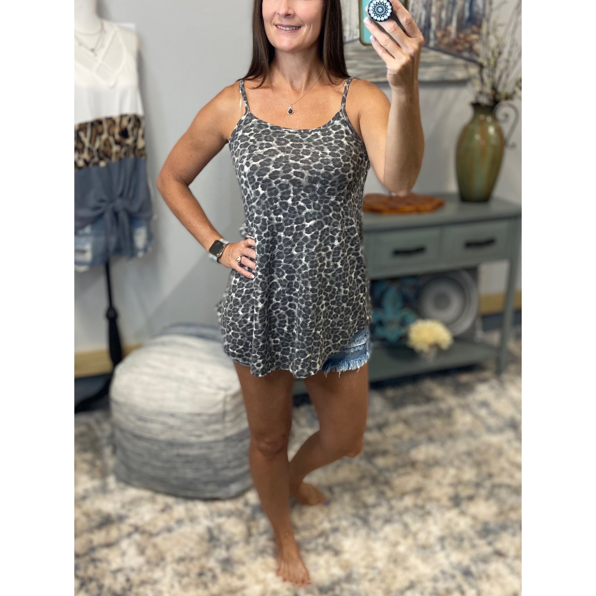 “Heat Wave” Reversible Leopard Low Scoop Or V-Neck Tank Shirt Top Distressed Gray PLUS