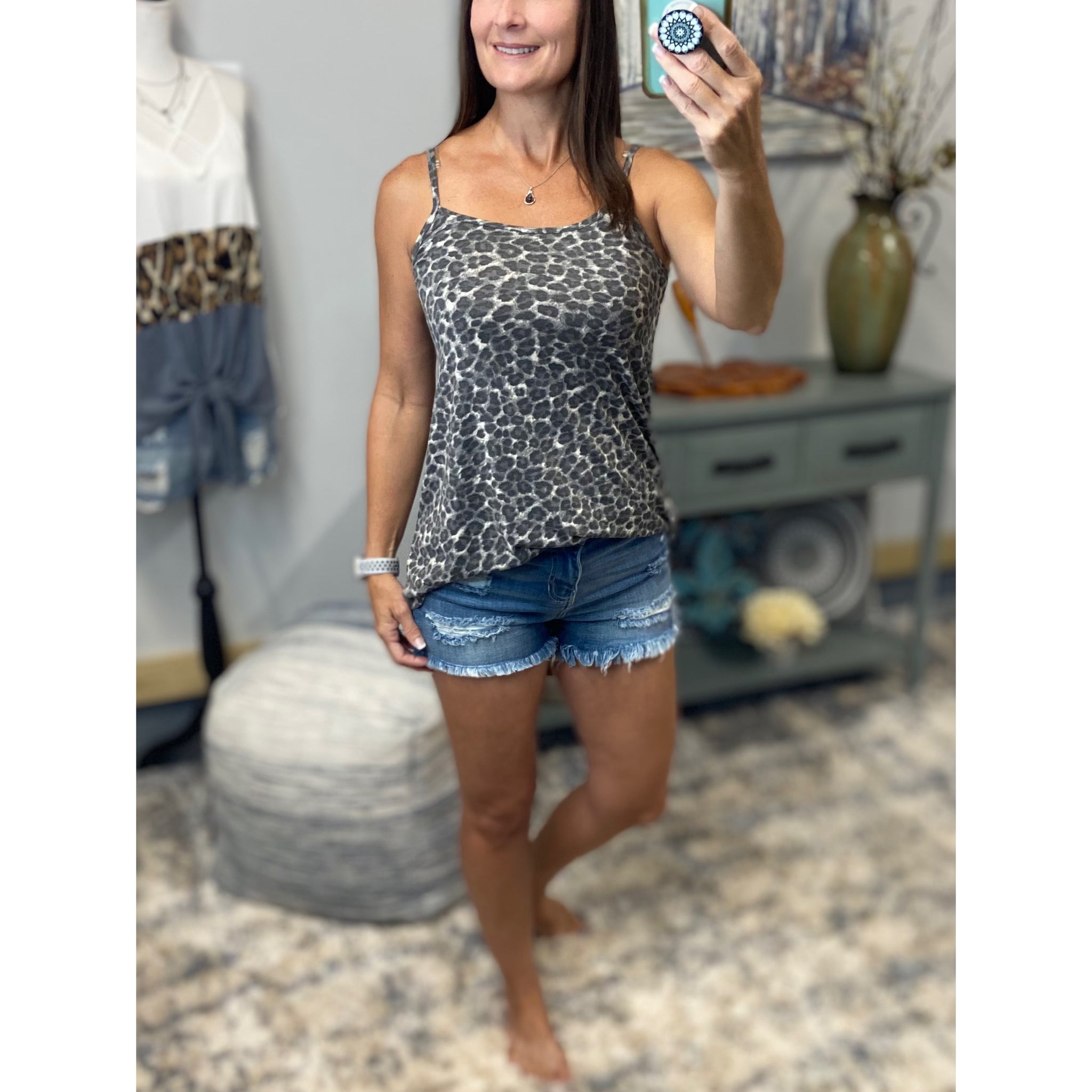 “Heat Wave” Reversible Leopard Low Scoop Or V-Neck Tank Shirt Top Distressed Gray PLUS