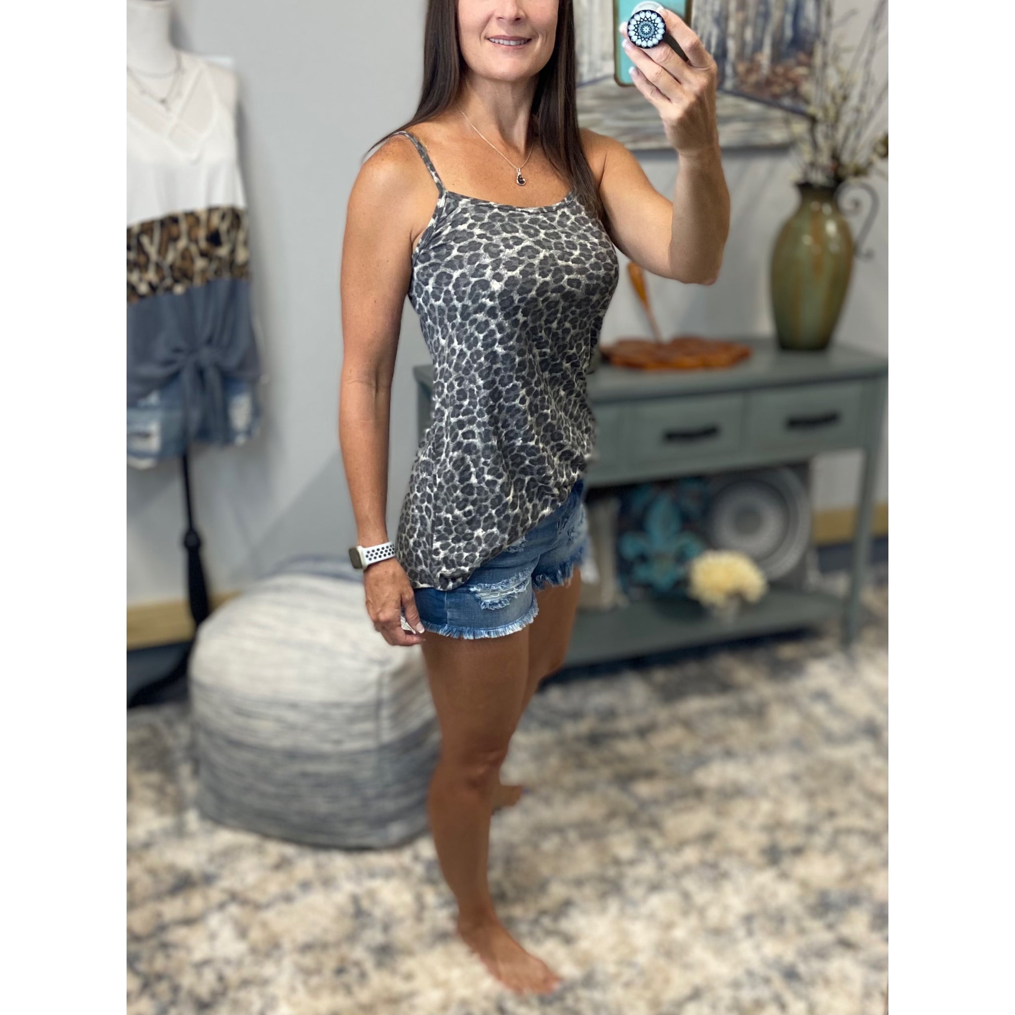 “Heat Wave” Reversible Leopard Low Scoop Or V-Neck Tank Shirt Top Distressed Gray PLUS