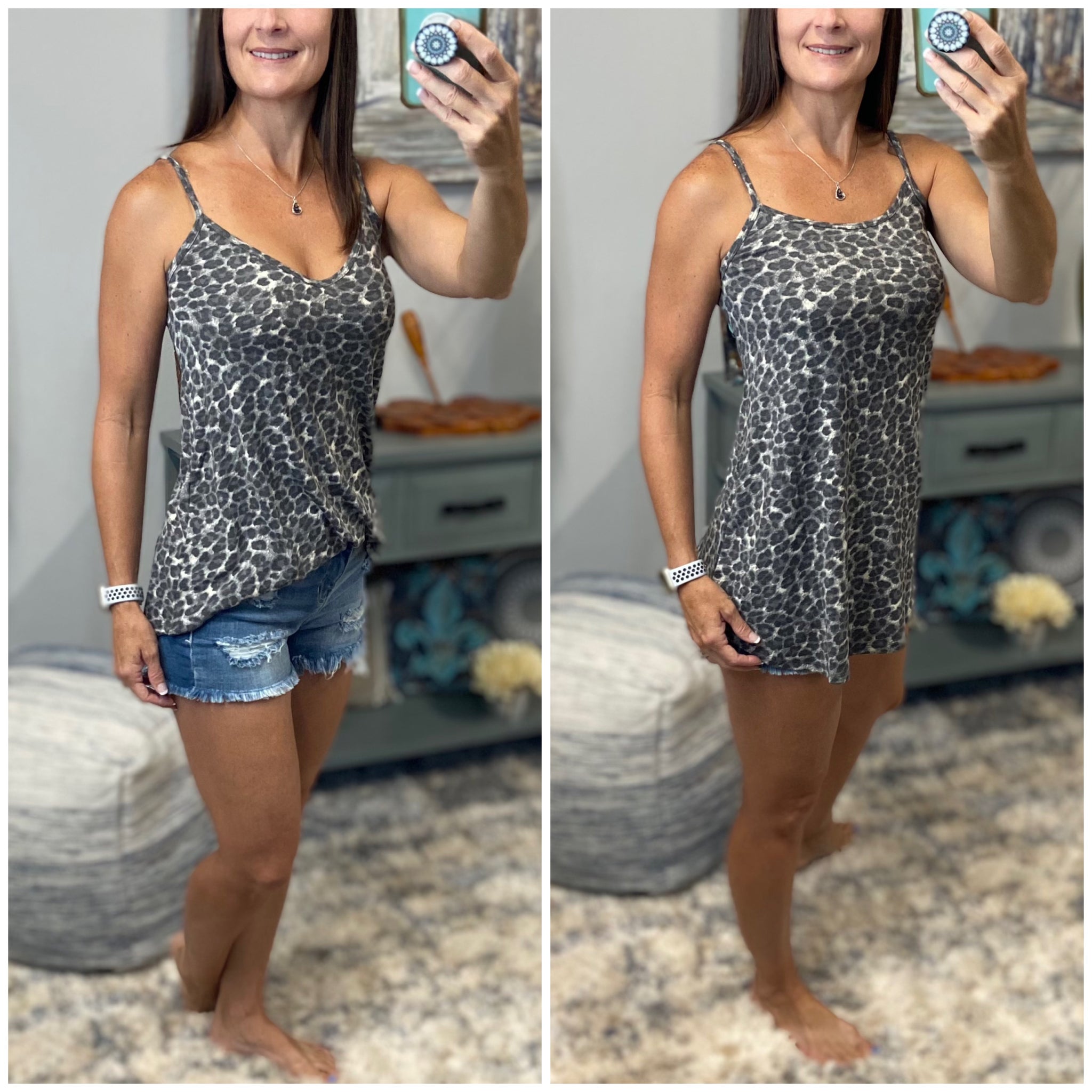 “Heat Wave” Reversible Leopard Low Scoop Or V-Neck Tank Shirt Top Distressed Gray