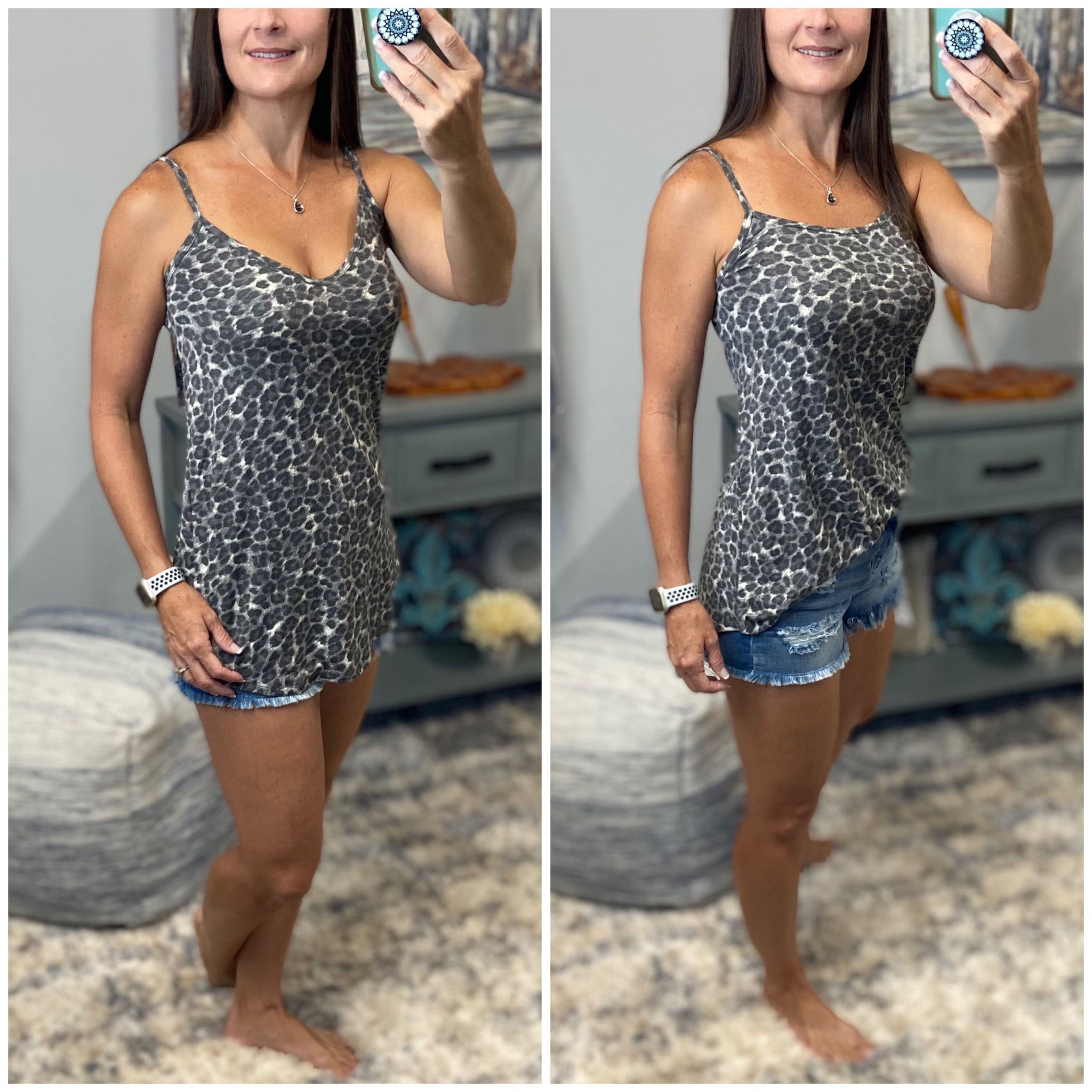 “Heat Wave” Reversible Leopard Low Scoop Or V-Neck Tank Shirt Top Distressed Gray