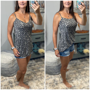 “Heat Wave” Reversible Leopard Low Scoop Or V-Neck Tank Shirt Top Distressed Gray PLUS