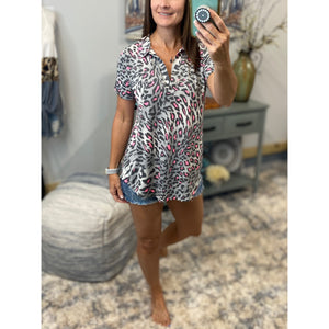 “She Is Fierce” Leopard V-Neck Collar Short Sleeve Tab Button Floaty Top Gray Pink