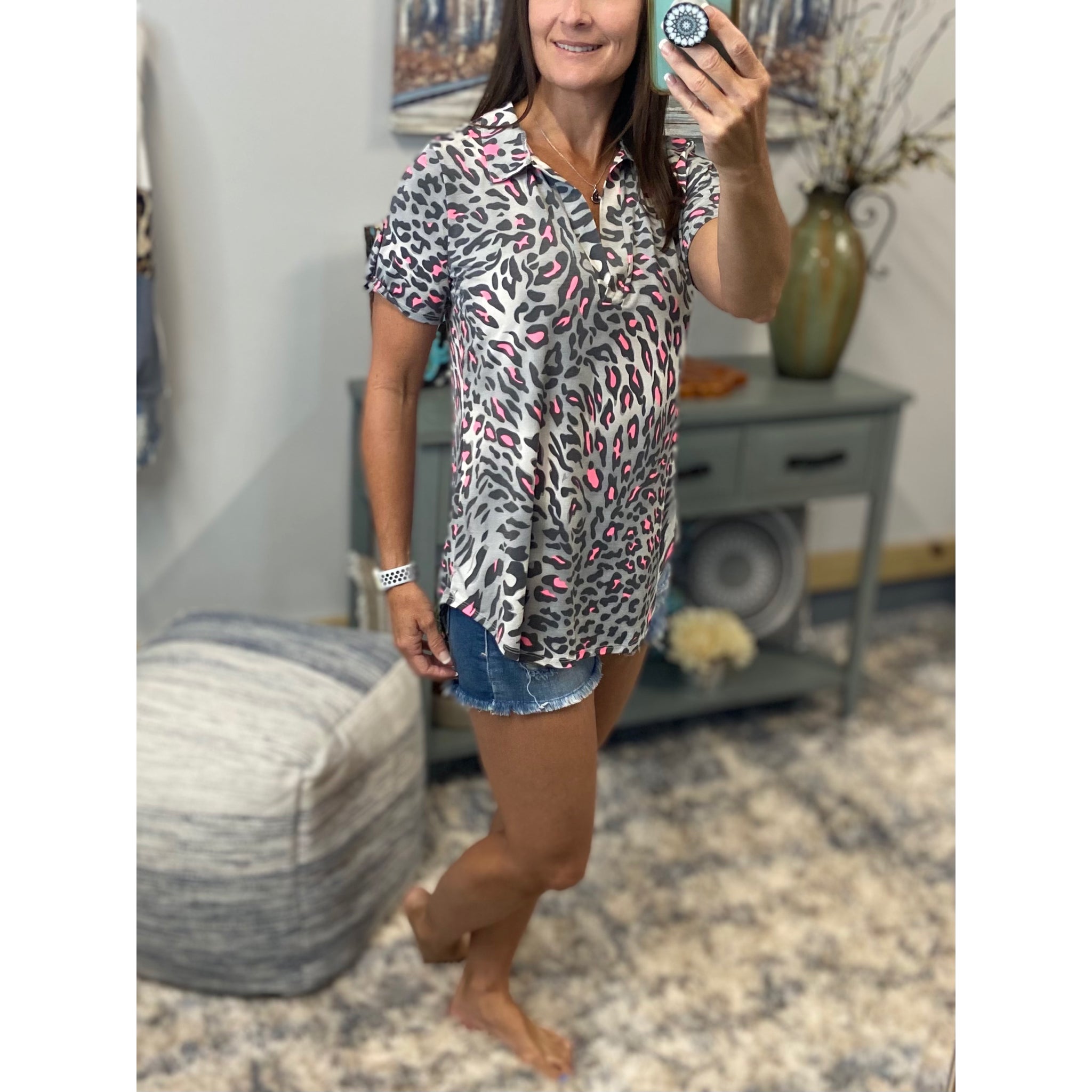 “She Is Fierce” Leopard V-Neck Collar Short Sleeve Tab Button Floaty Top Gray Pink