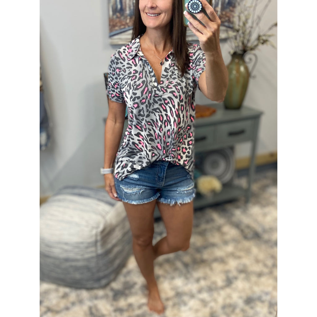 “She Is Fierce” Leopard V-Neck Collar Short Sleeve Tab Button Floaty Top Gray Pink