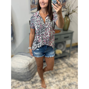 “She Is Fierce” Leopard V-Neck Collar Short Sleeve Tab Button Floaty Top Gray Pink