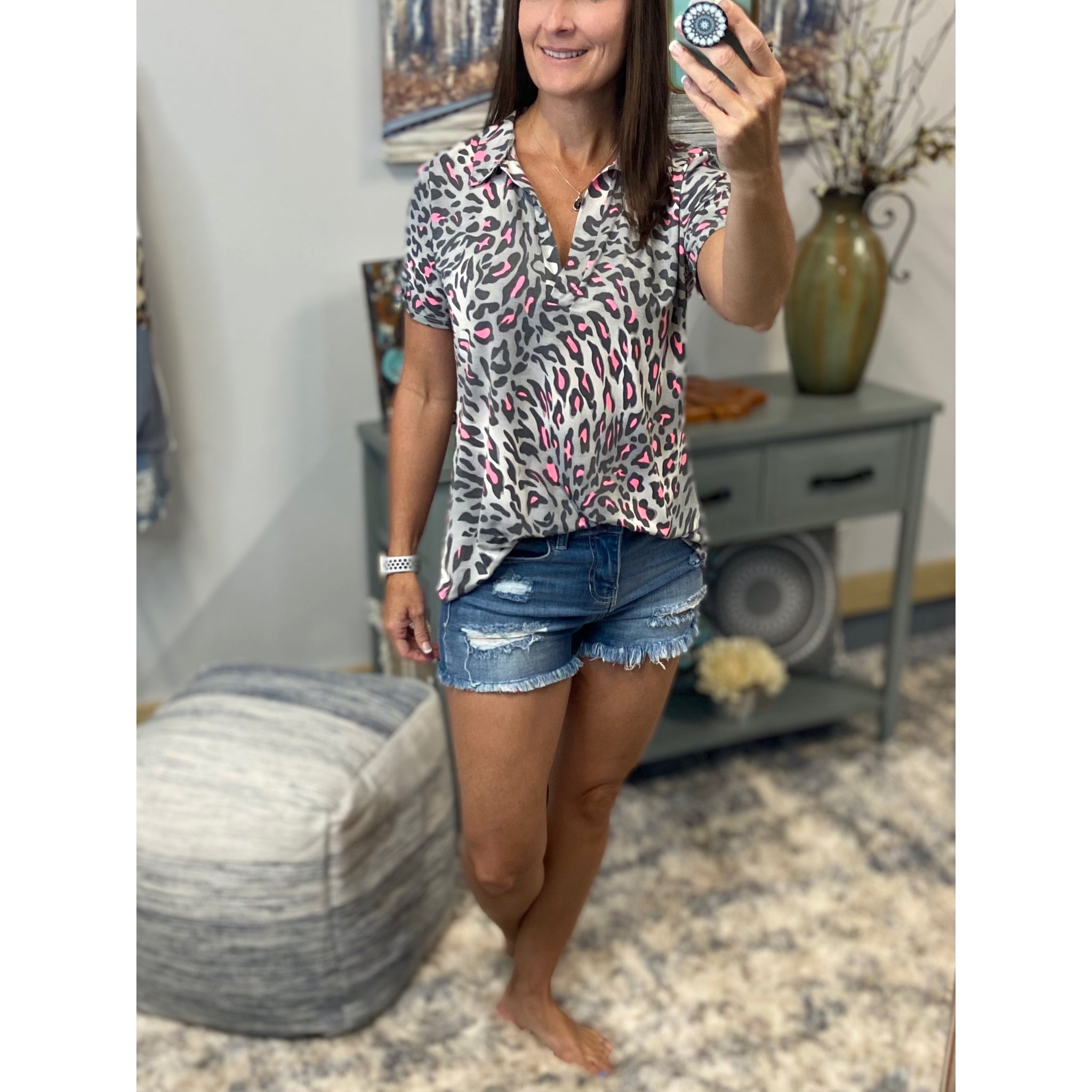 “She Is Fierce” Leopard V-Neck Collar Short Sleeve Tab Button Floaty Top Gray Pink