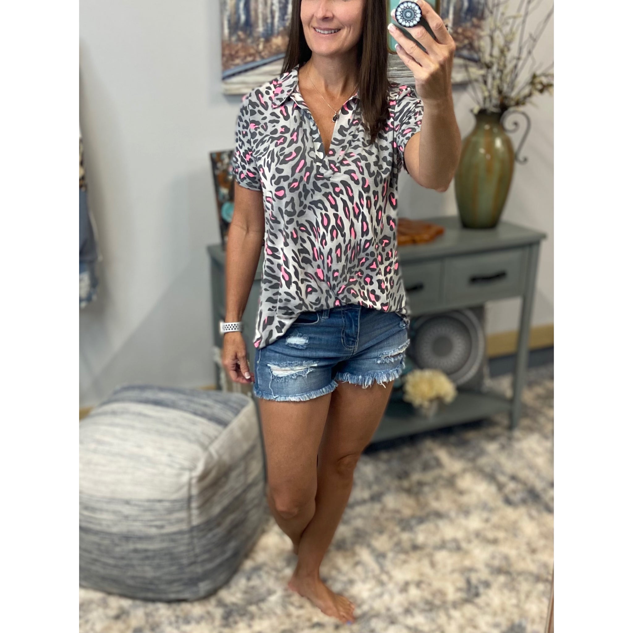 “She Is Fierce” Leopard Animal V Neck Collar Short Sleeve Tab Button Floaty Tunic Top Gray Pink