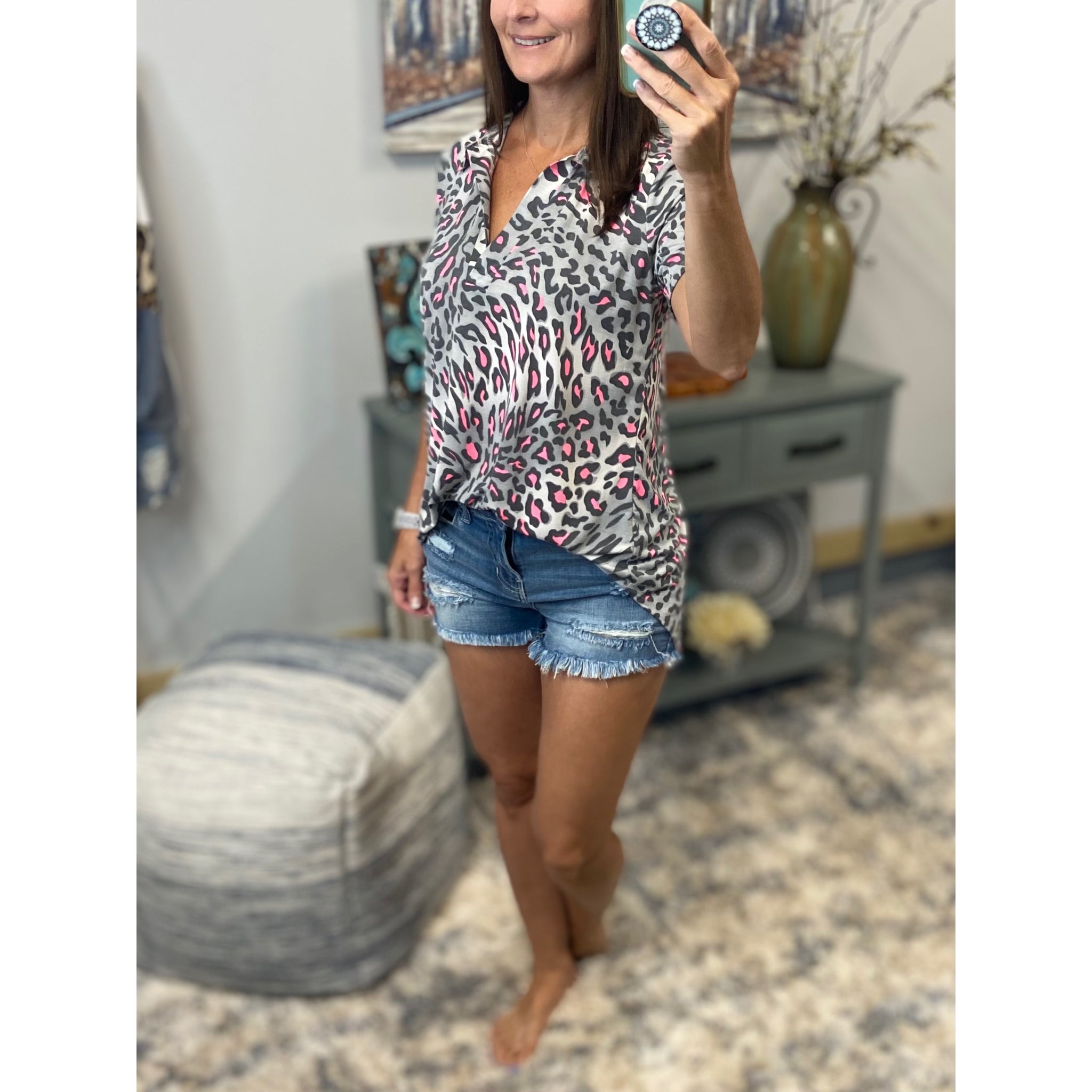 “She Is Fierce” Leopard Animal V Neck Collar Short Sleeve Tab Button Floaty Tunic Top Gray Pink