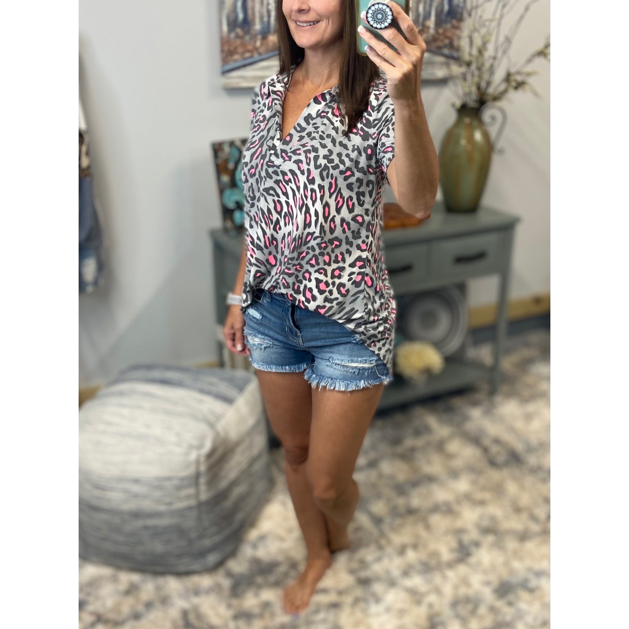 “She Is Fierce” Leopard V-Neck Collar Short Sleeve Tab Button Floaty Top Gray Pink