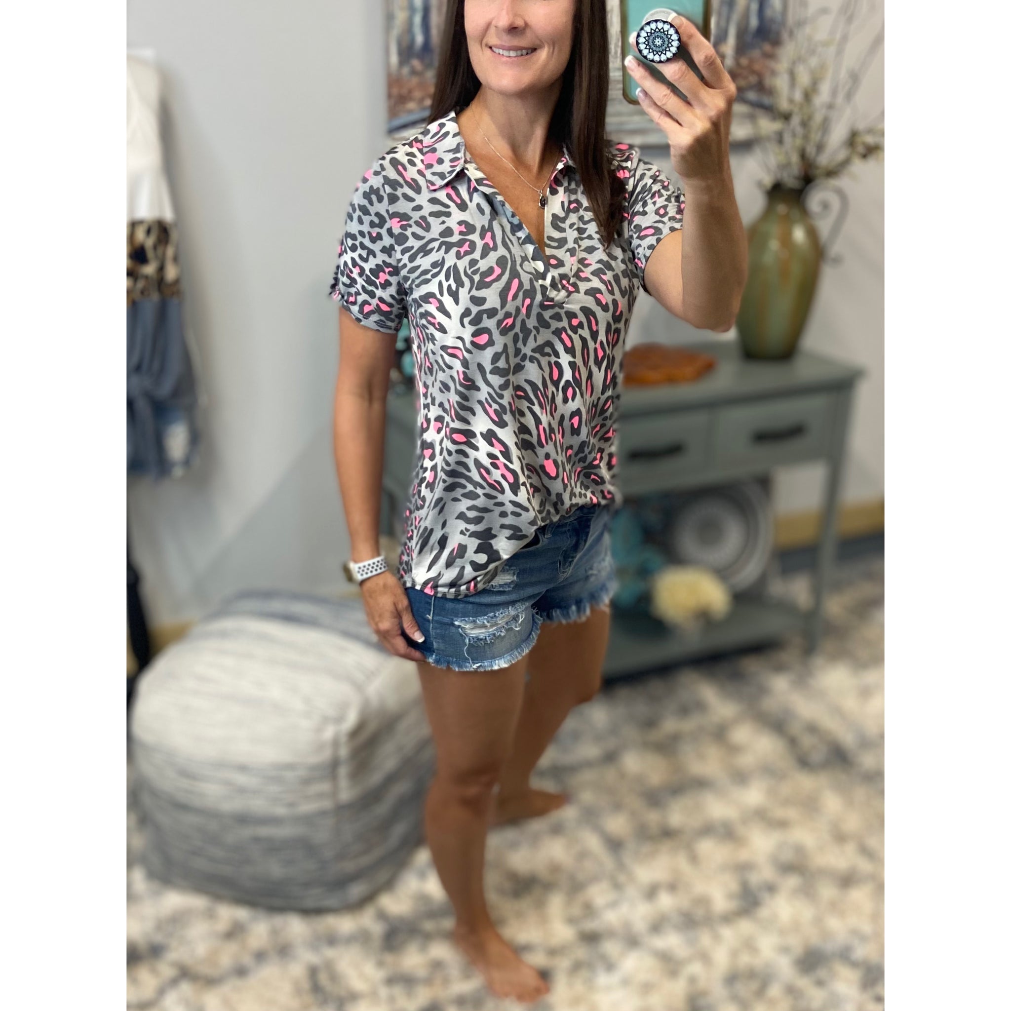 “She Is Fierce” Leopard V-Neck Collar Short Sleeve Tab Button Floaty Top Gray Pink