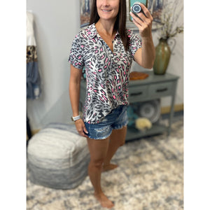 “She Is Fierce” Leopard Animal V Neck Collar Short Sleeve Tab Button Floaty Tunic Top Gray Pink