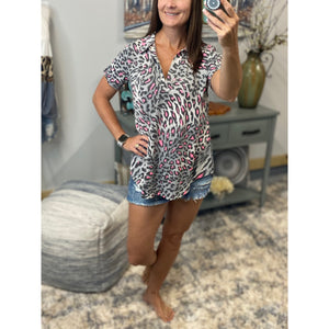 “She Is Fierce” Leopard V-Neck Collar Short Sleeve Tab Button Floaty Top Gray Pink