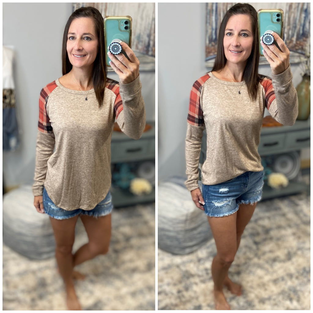 "Forever Autumn" Plaid Contrast Pattern Long Sleeve Scoop Neck Light Sweater Top Brown