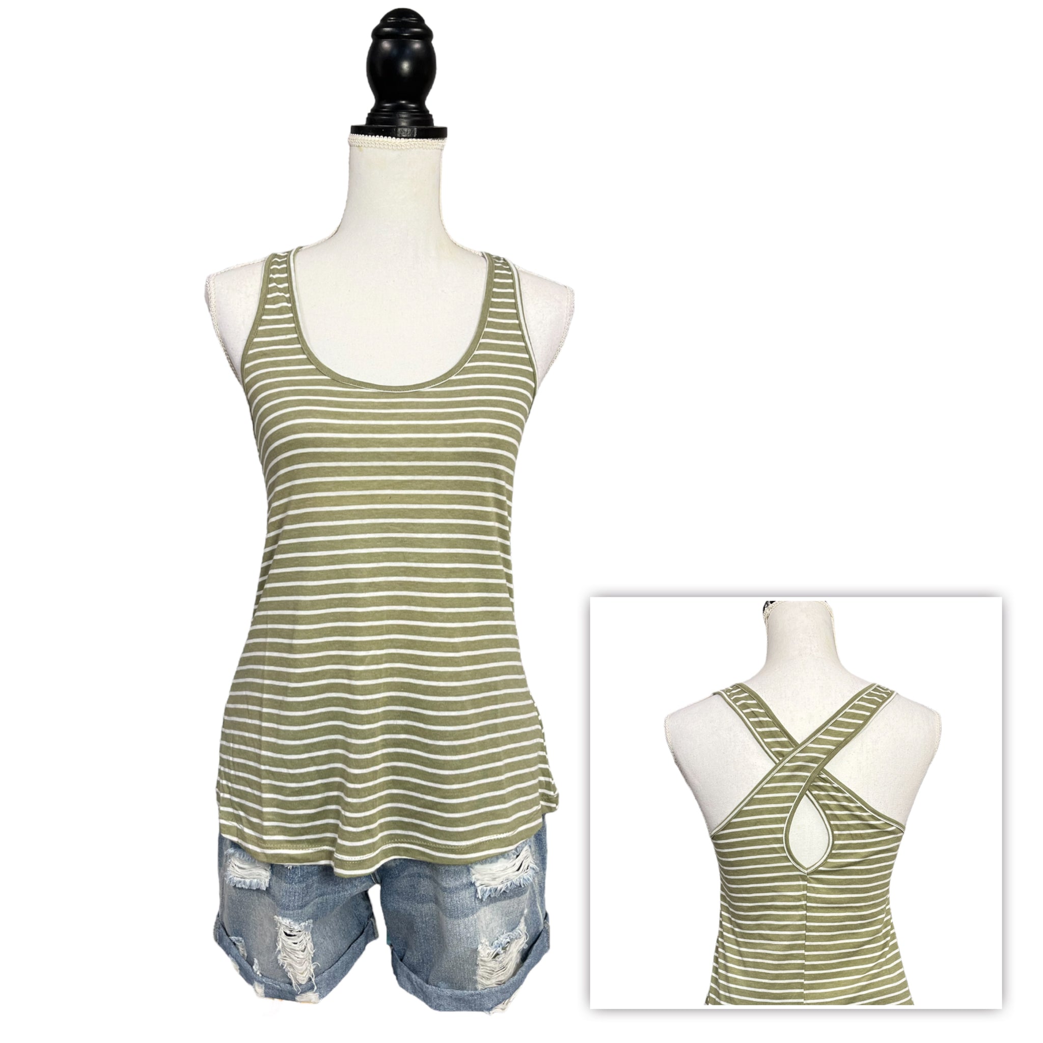 Low Scoop Neck Cleavage Preppy Striped Keyhole Back Floaty Tank Olive S/M/L