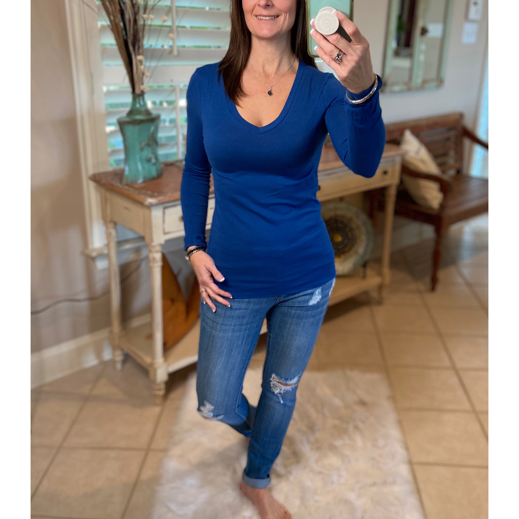 “Easygoing” Slimming V-Neck Low Cut L/S Tissue Basic Baby Shirt Top Blue