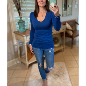 “Easygoing” Slimming V-Neck Low Cut L/S Tissue Basic Baby Shirt Top Blue