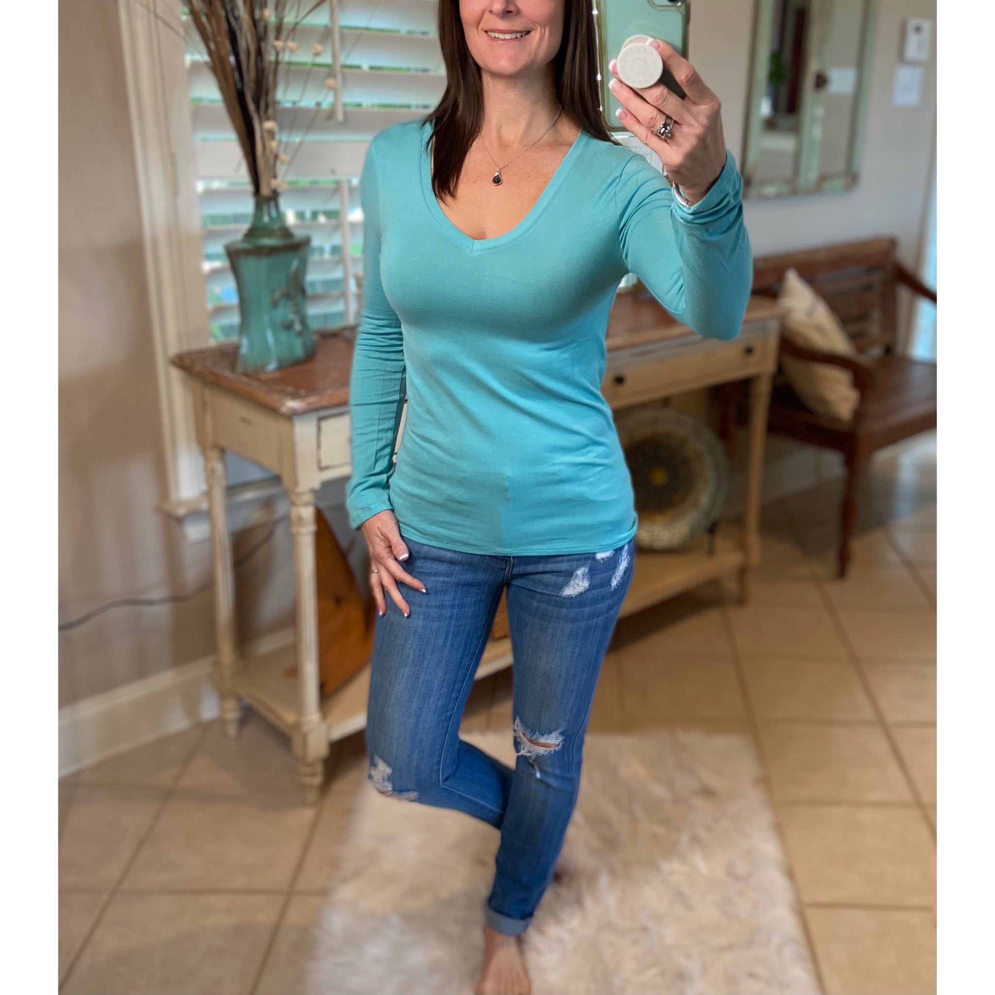 "Easygoing" Slimming V Neck Low Cut Long Sleeve Tissue Basic Baby Shirt Top Mint