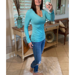 "Easygoing" Slimming V Neck Low Cut Long Sleeve Tissue Basic Baby Shirt Top Mint