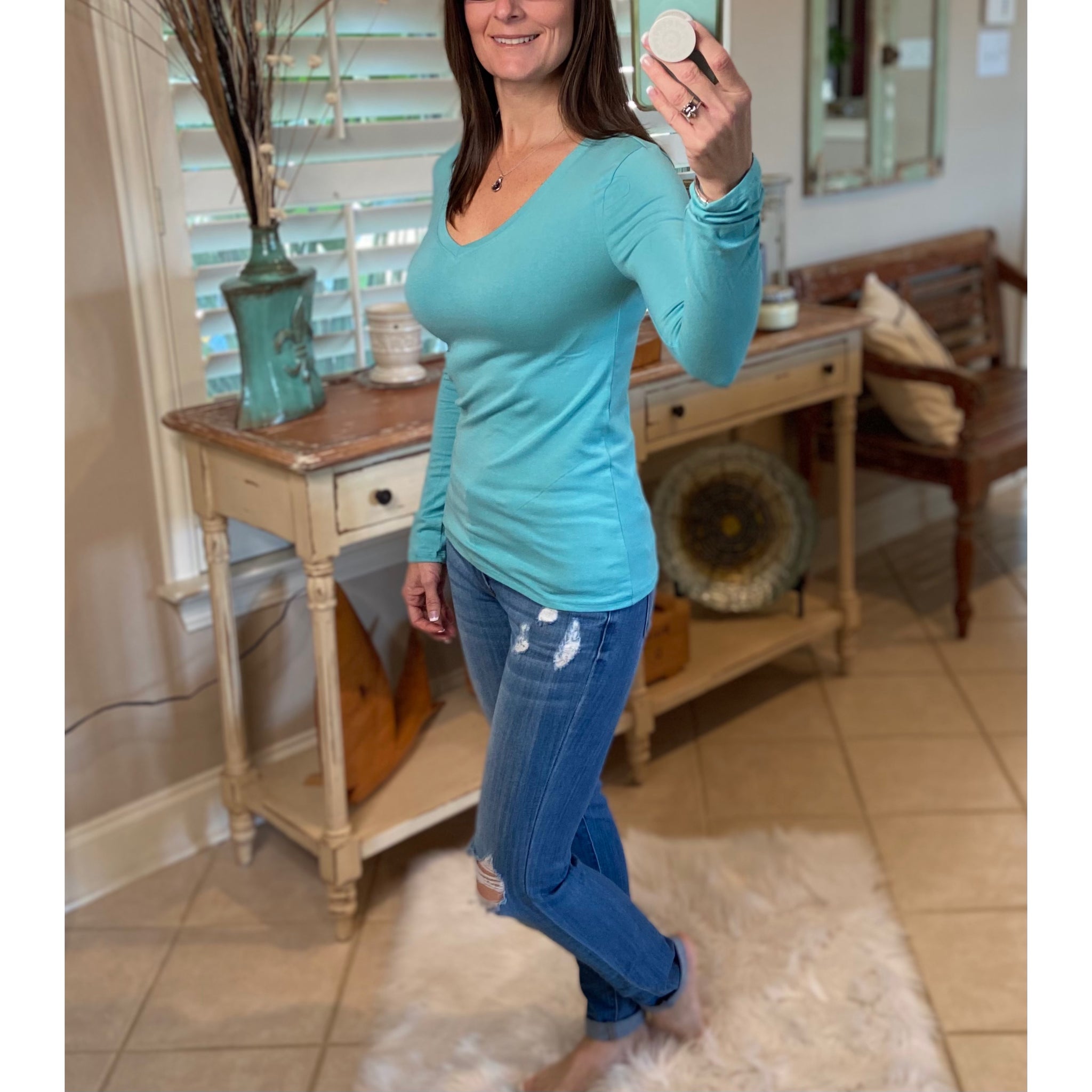 "Easygoing" Slimming V Neck Low Cut Long Sleeve Tissue Basic Baby Shirt Top Mint
