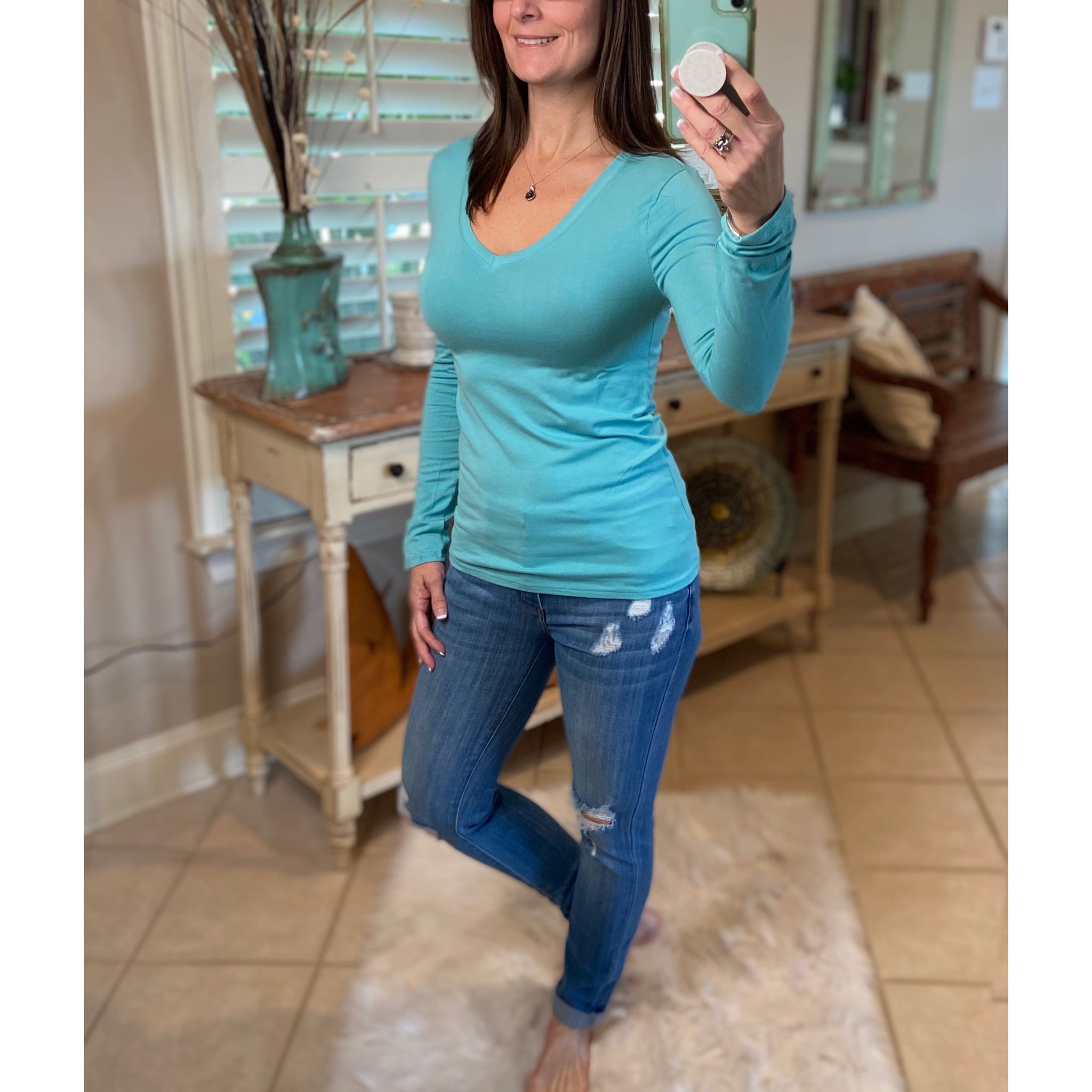 "Easygoing" Slimming V Neck Low Cut Long Sleeve Tissue Basic Baby Shirt Top Mint
