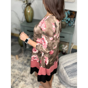Floral Color Block 3/4 Sleeve Floaty Shift Tunic Round Neck Dress Pink Tan Small
