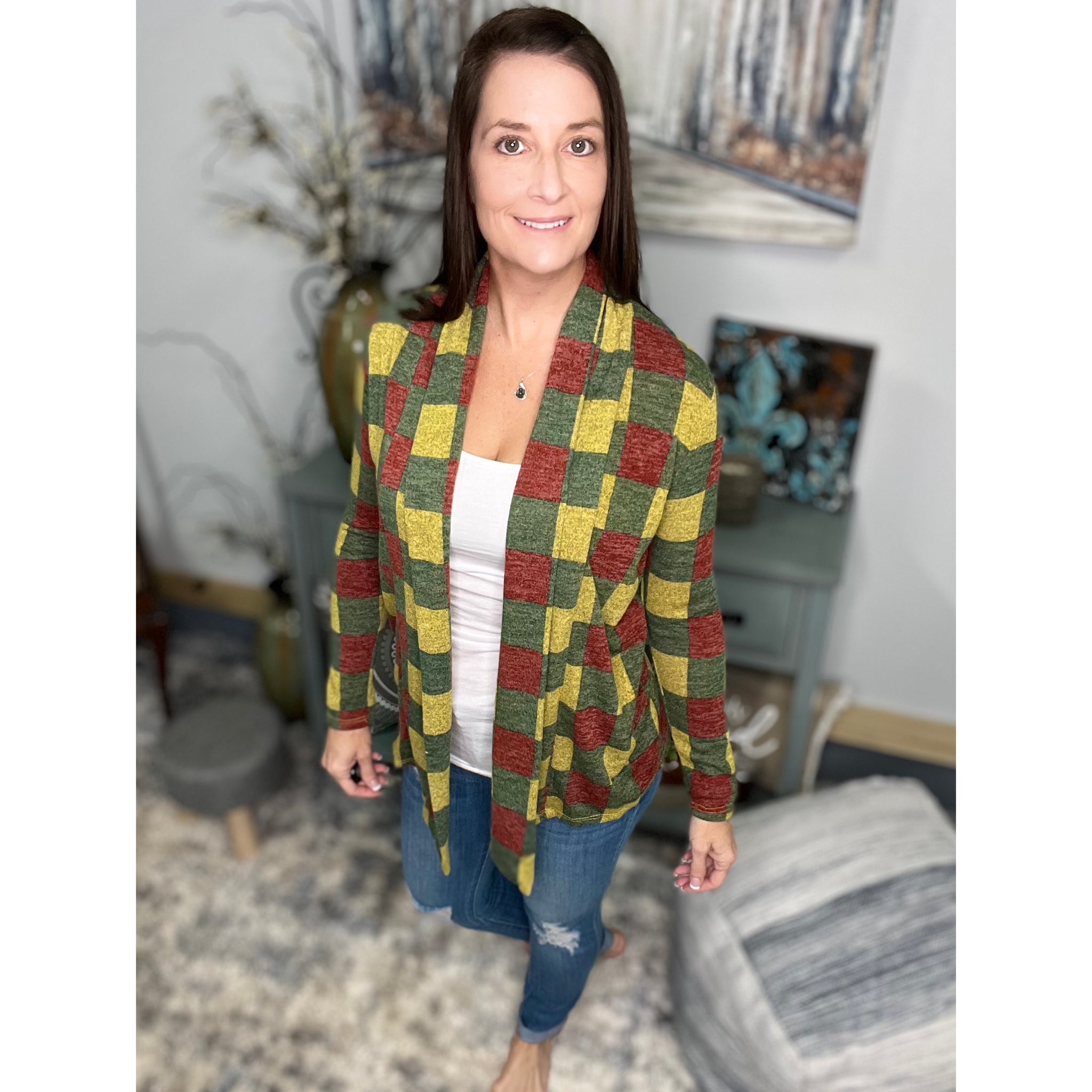 Plaid Asymmetrical Open Front Cardigan Sweater Suede Patch Elbow Long Sleeve S
