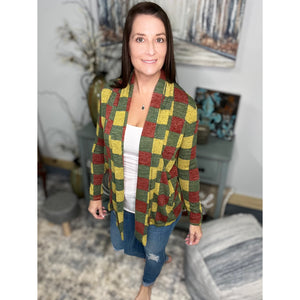 Plaid Asymmetrical Open Front Cardigan Sweater Suede Patch Elbow Long Sleeve S
