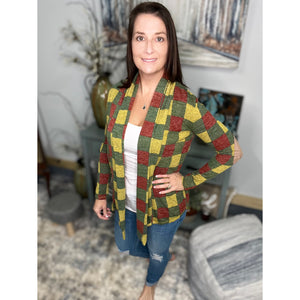 Plaid Asymmetrical Open Front Cardigan Sweater Suede Patch Elbow Long Sleeve S
